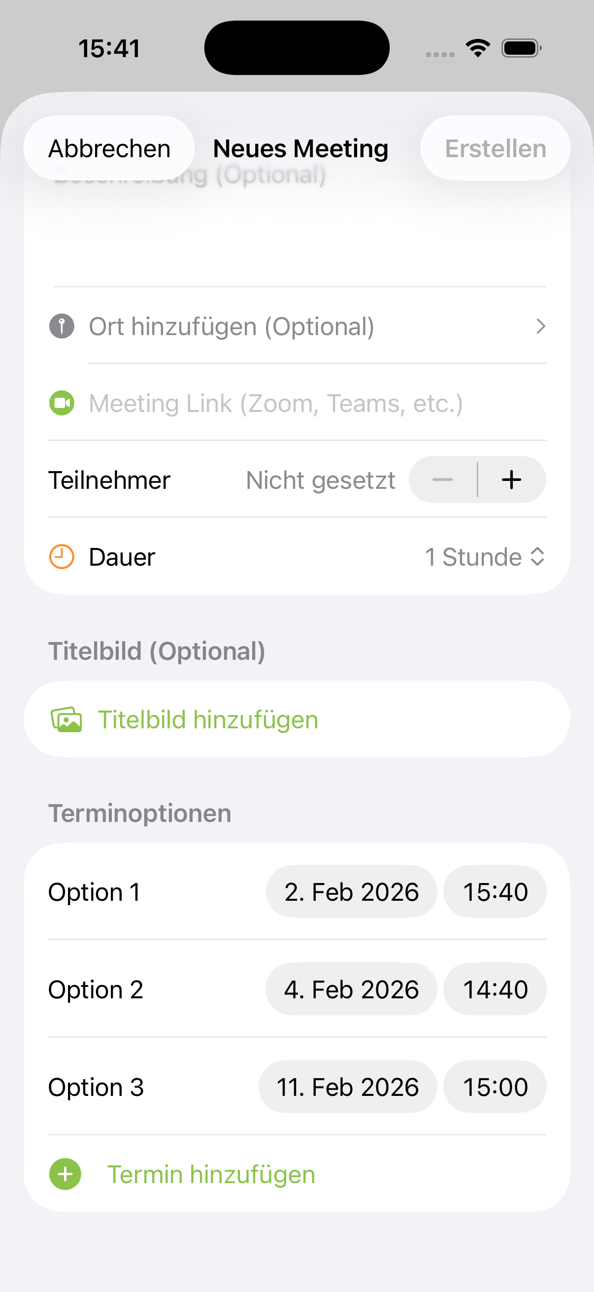 Meetlly App Screenshot - Mehrere Terminvorschläge mit Datum und Uhrzeit hinzufügen