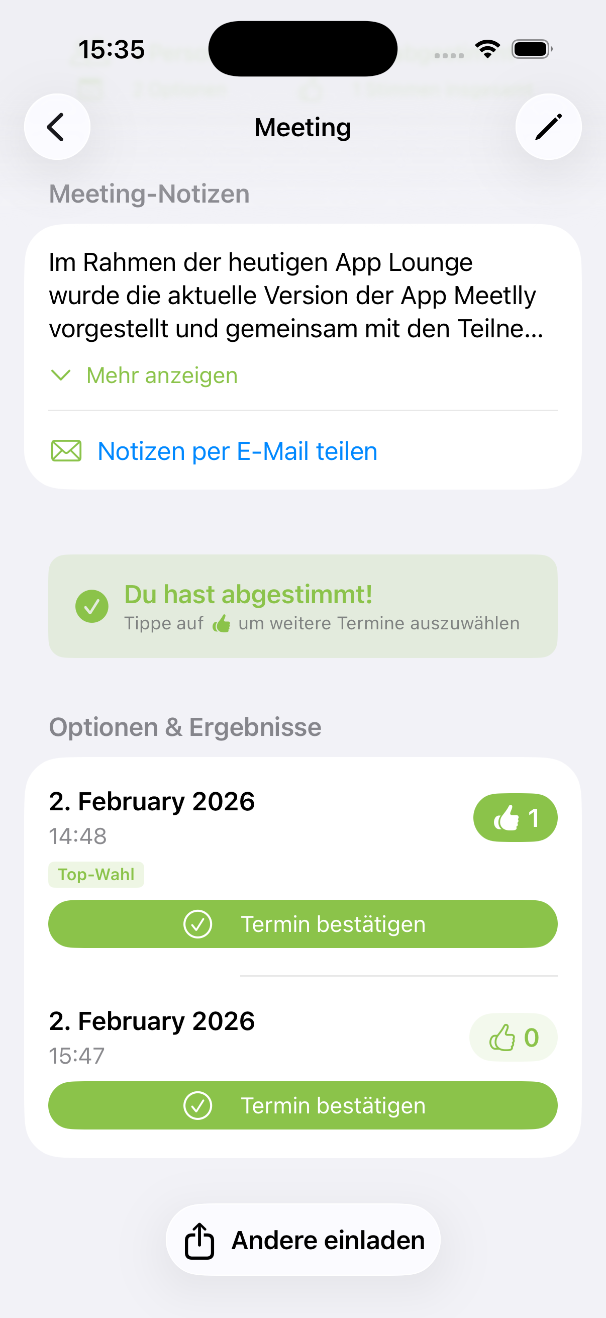 Meetlly App Screenshot - Abstimmung über Terminvorschläge mit Voting-Ergebnissen