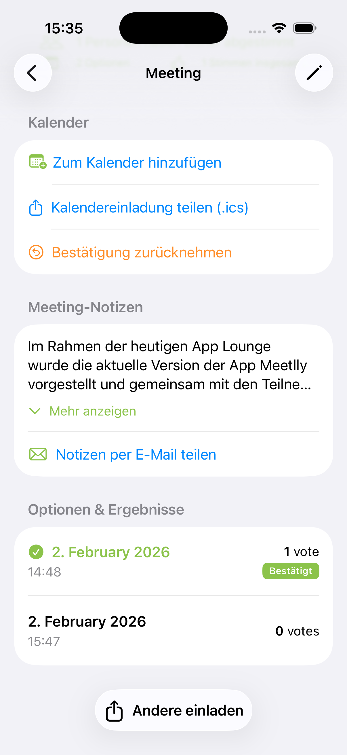 Meetlly App Screenshot - Termin in iOS Kalender speichern und ICS-Datei teilen
